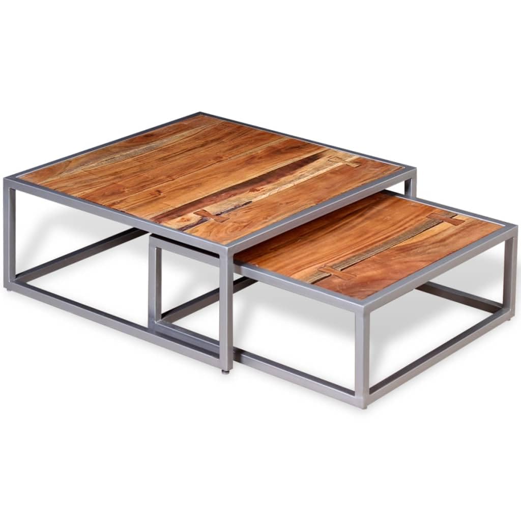 Solid Sheesham Wood Nesting Coffee Table Set with Iron Legs D700406