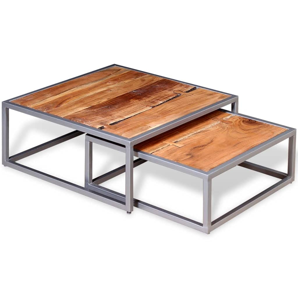 Solid Sheesham Wood Nesting Coffee Table Set with Iron Legs D700406