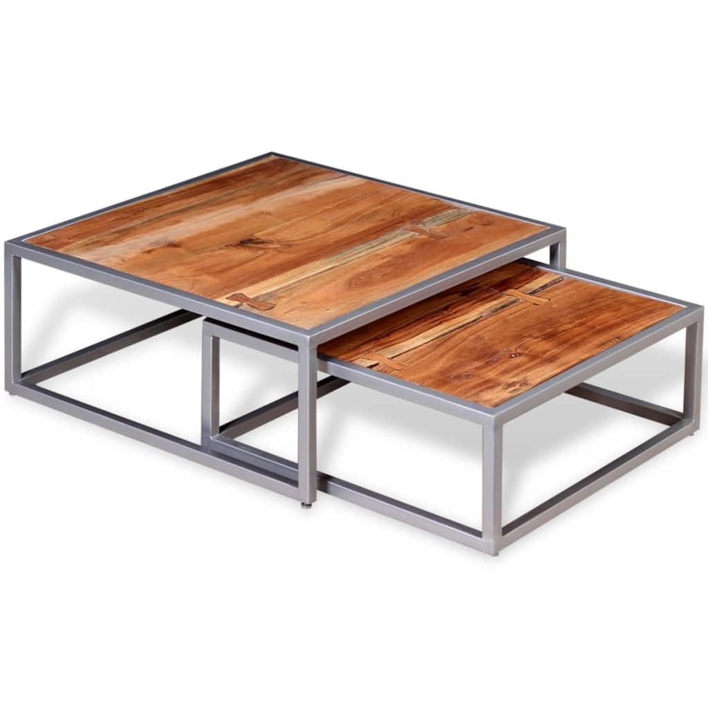 Solid Sheesham Wood Nesting Coffee Table Set with Iron Legs D700406