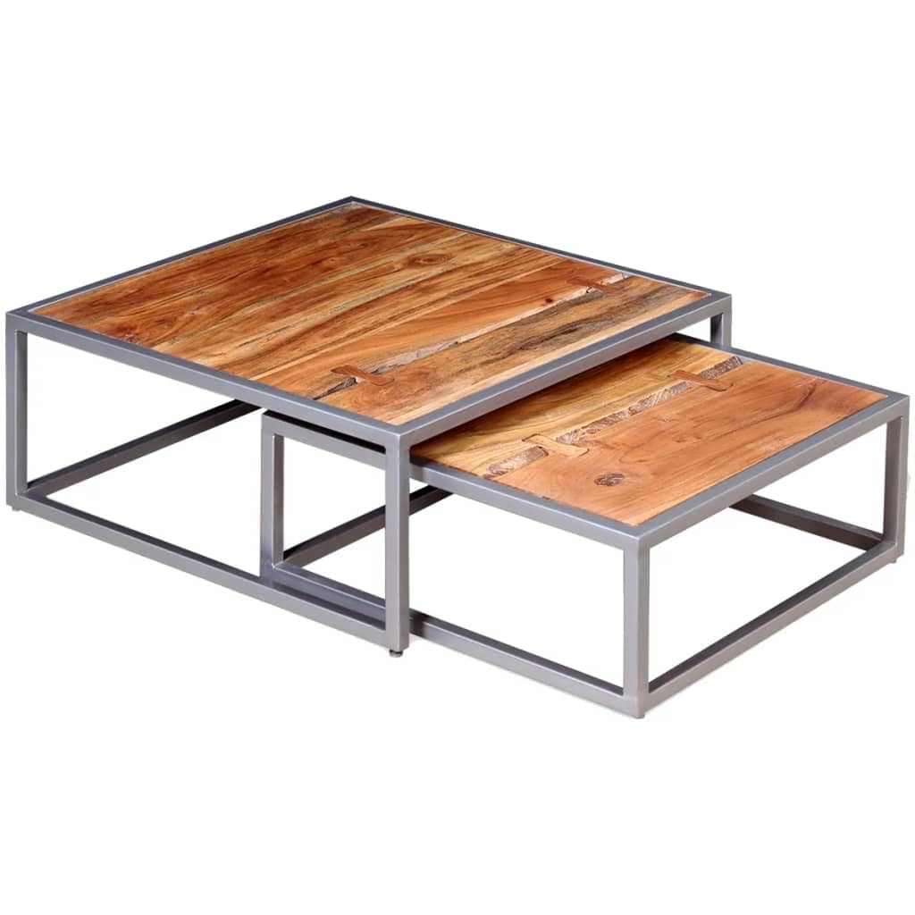 Solid Sheesham Wood Nesting Coffee Table Set with Iron Legs D700406