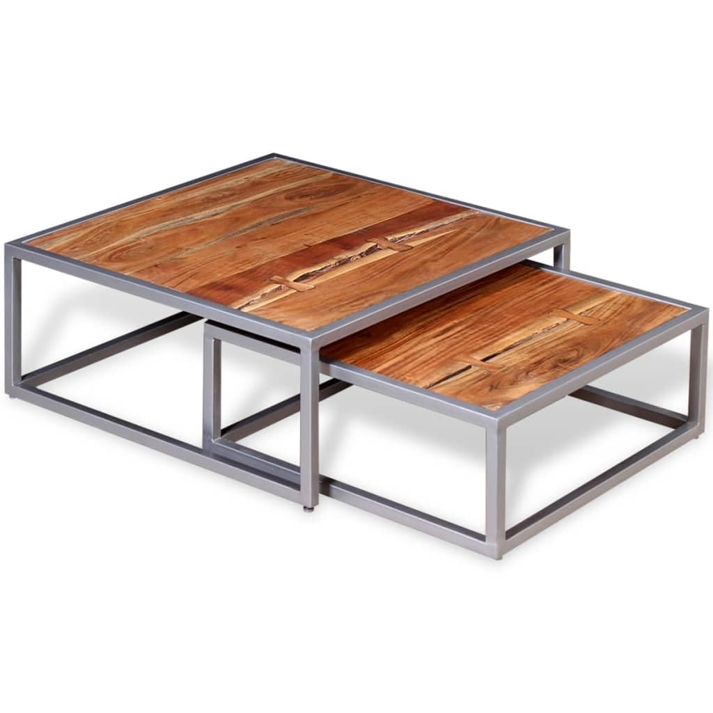 Solid Sheesham Wood Nesting Coffee Table Set with Iron Legs D700406