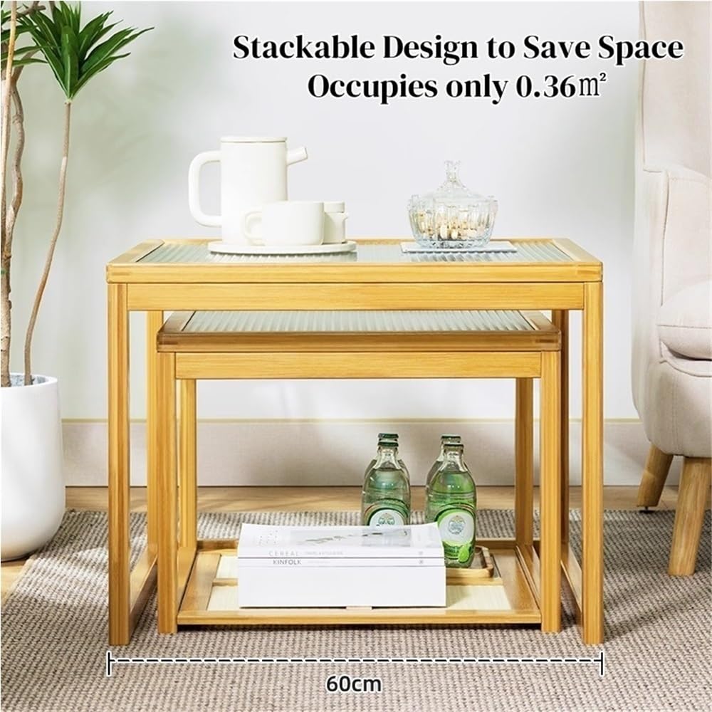 Set of 2 Square Glass Top Rattan Storage Coffee Table C892