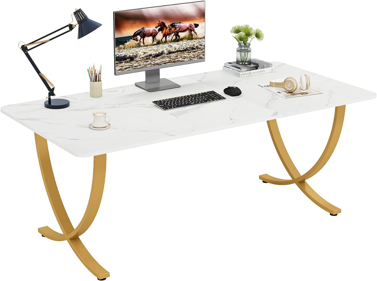 63” Large White and Gold Office Desk F88784