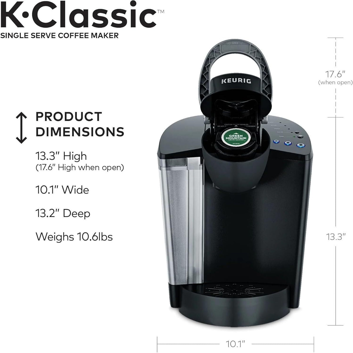 Single Serve K-Cup Pod Coffee Maker, 3 Brew Sizes, 48oz Removable Reservoir, Black D35636