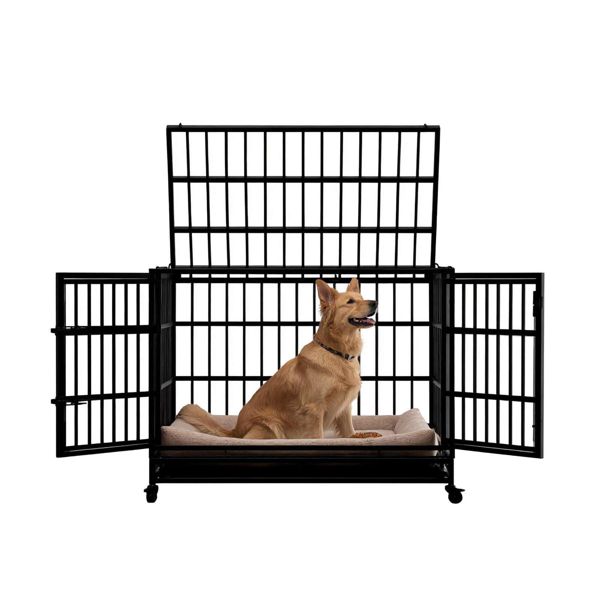 48 Inch Heavy Duty Metal Folding Dog Crate with Wheels and Double Doors F4245