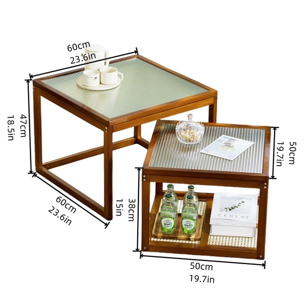 Set of 2 Square Glass Top Rattan Storage Coffee Table C892