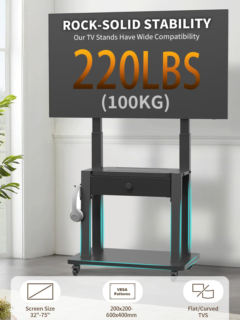 Rolling TV Stand with Fabric Drawer for 32-75 Inch Flat/Curved Screen Adjustable Height with Storage on Wheels Black D9645