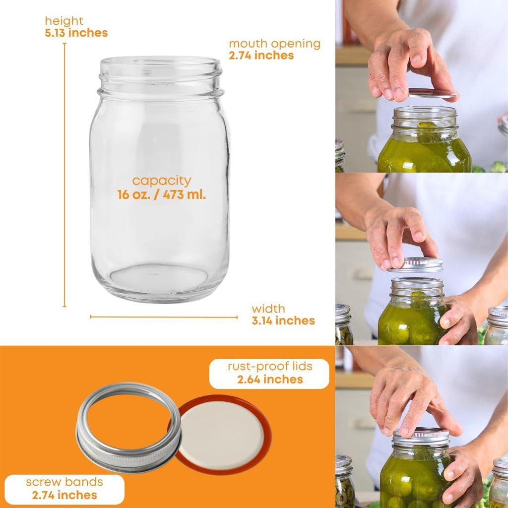 16 oz Regular Mouth Mason Jars Pack of 6 with Airtight Metal Lids J105589