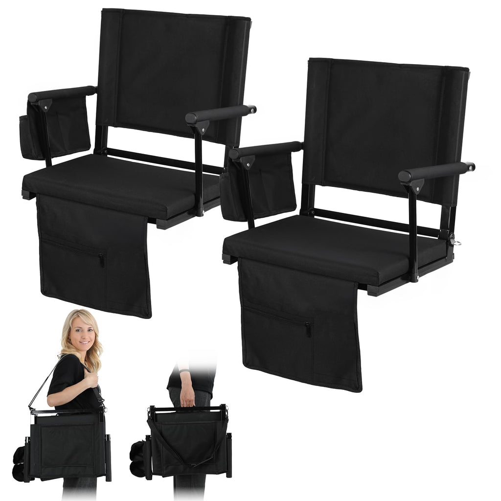 2 Pcs Black Folding Stadium Seat Cushion with Back Support S4208