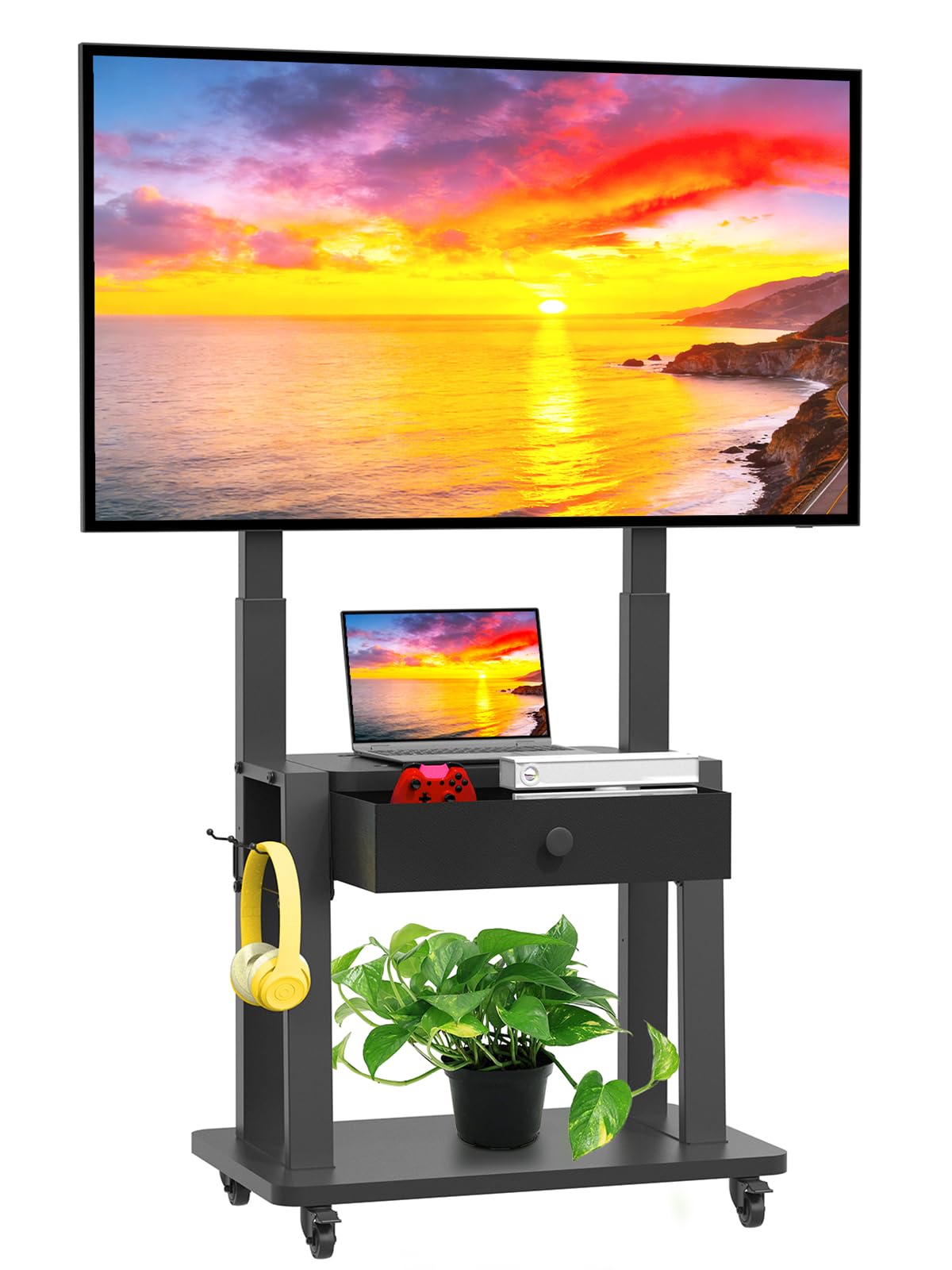 Rolling TV Stand with Fabric Drawer for 32-75 Inch Flat/Curved Screen Adjustable Height with Storage on Wheels Black D9645