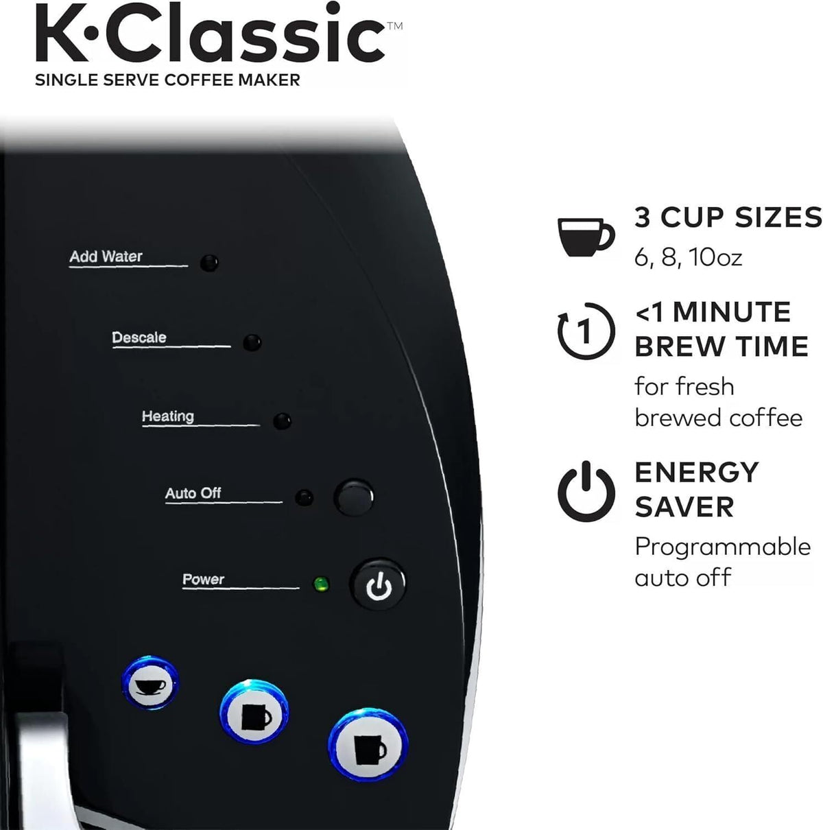 Single Serve K-Cup Pod Coffee Maker, 3 Brew Sizes, 48oz Removable Reservoir, Black D35636