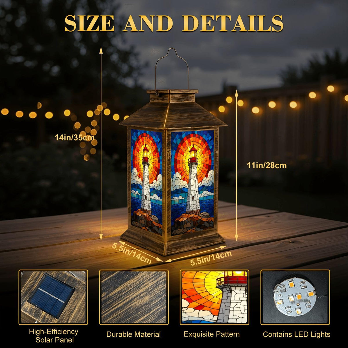 Solar Lantern Outdoor Waterproof Stained Glass LED Hanging Solar Lights N6331