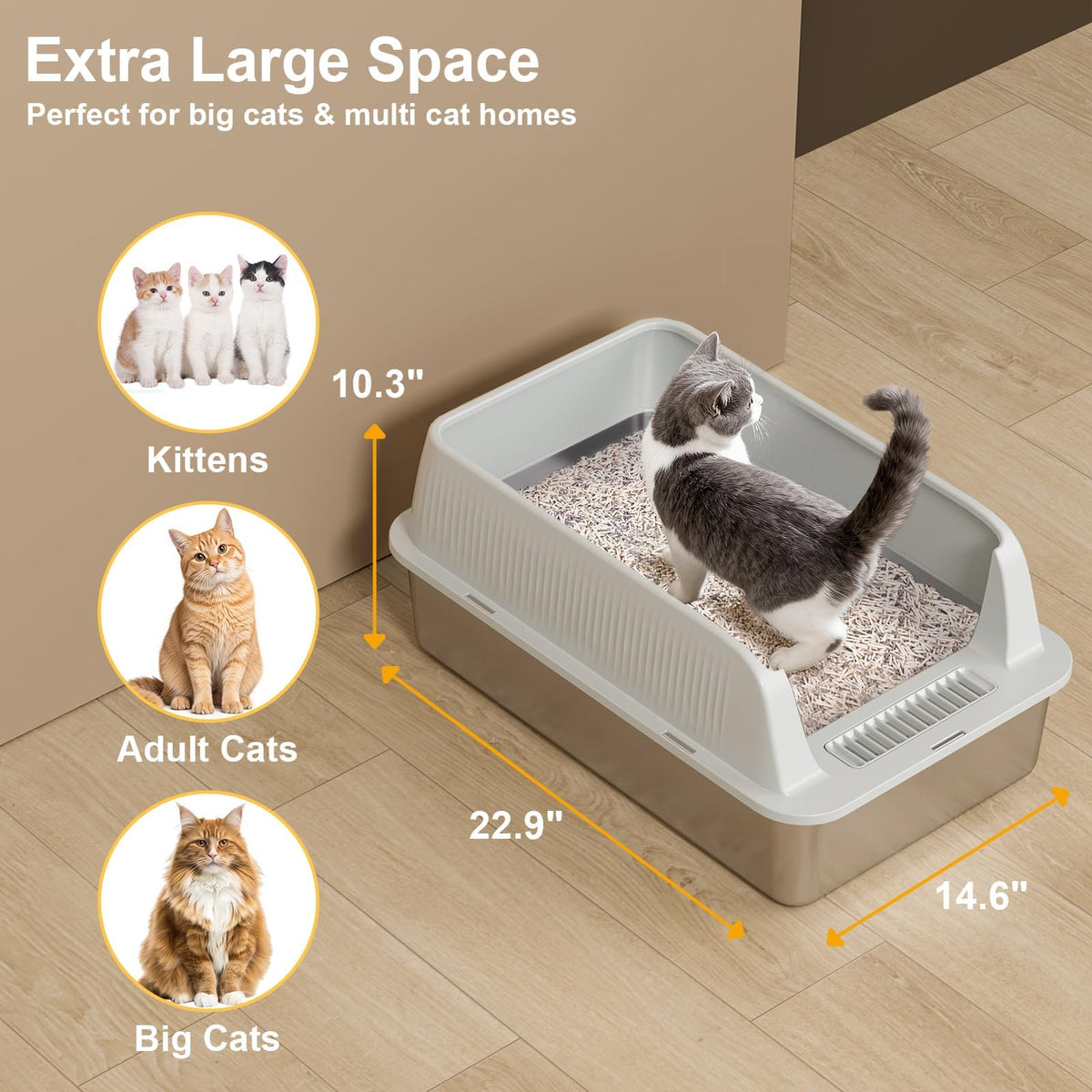 XL Stainless Steel Cat Litter Box with High Sides, Litter Mat, Scooper L8197