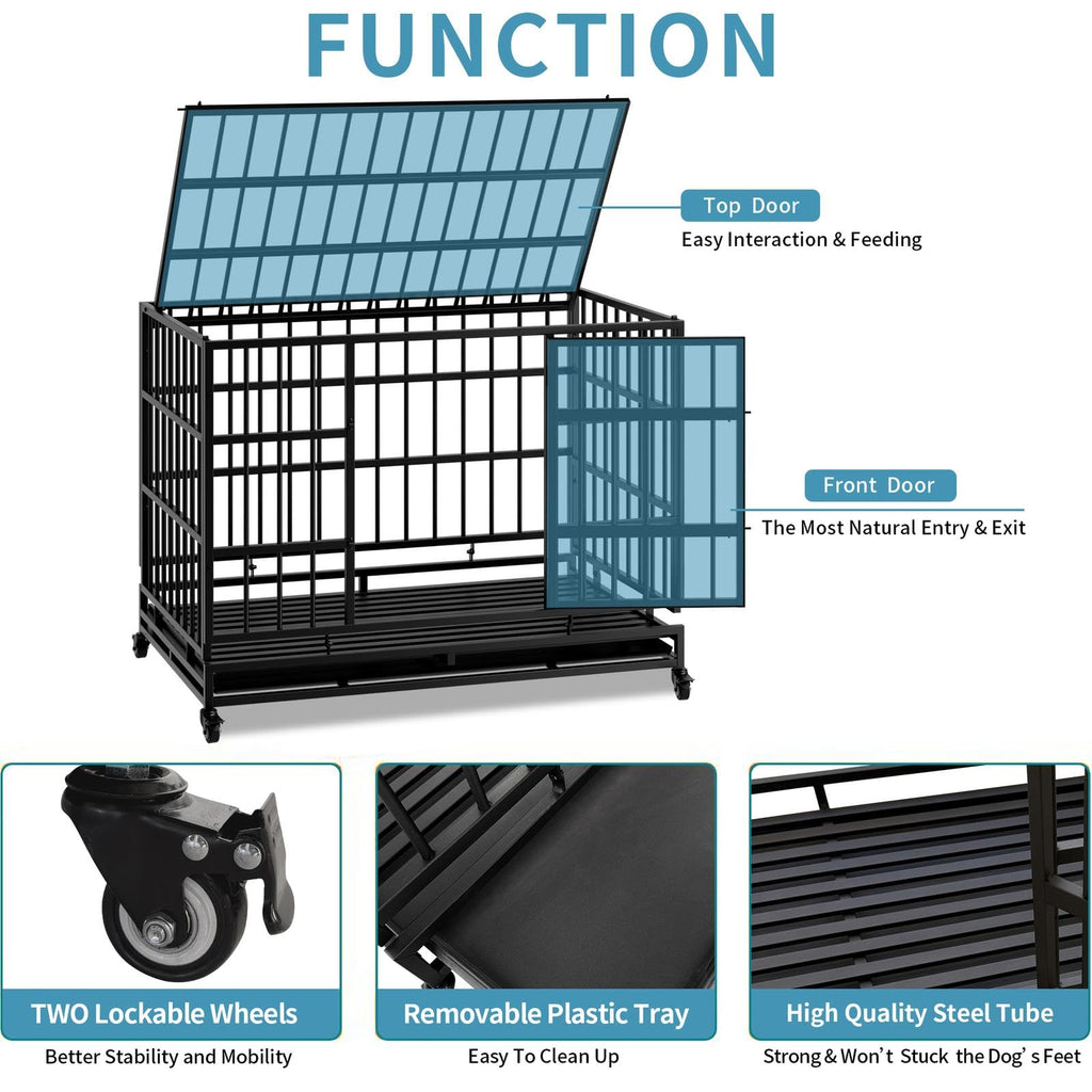 48 Inch Heavy Duty Metal Folding Dog Crate with Wheels and Double Doors F4245
