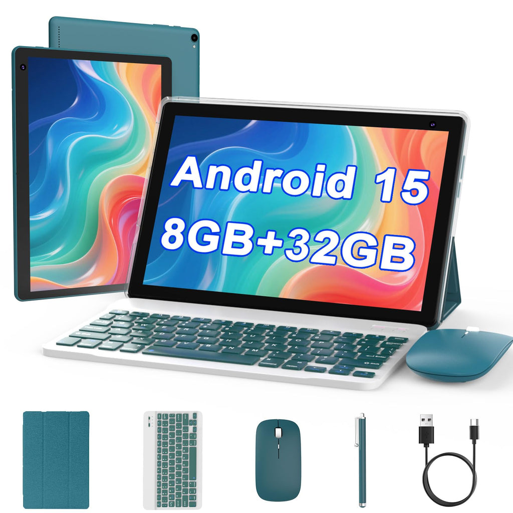 Android 15 Tablet 10 inch, 2 in 1 Tablet with Keyboard, 8GB RAM+32GB ROM, 1TB Expandable, Quad-Core, HD Screen, WiFi, Navy F575