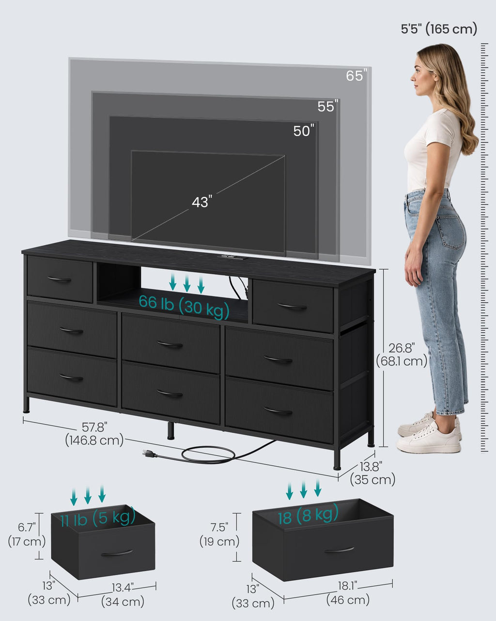 8 Fabric Drawers Dresser with Outlets & LED Lights E648