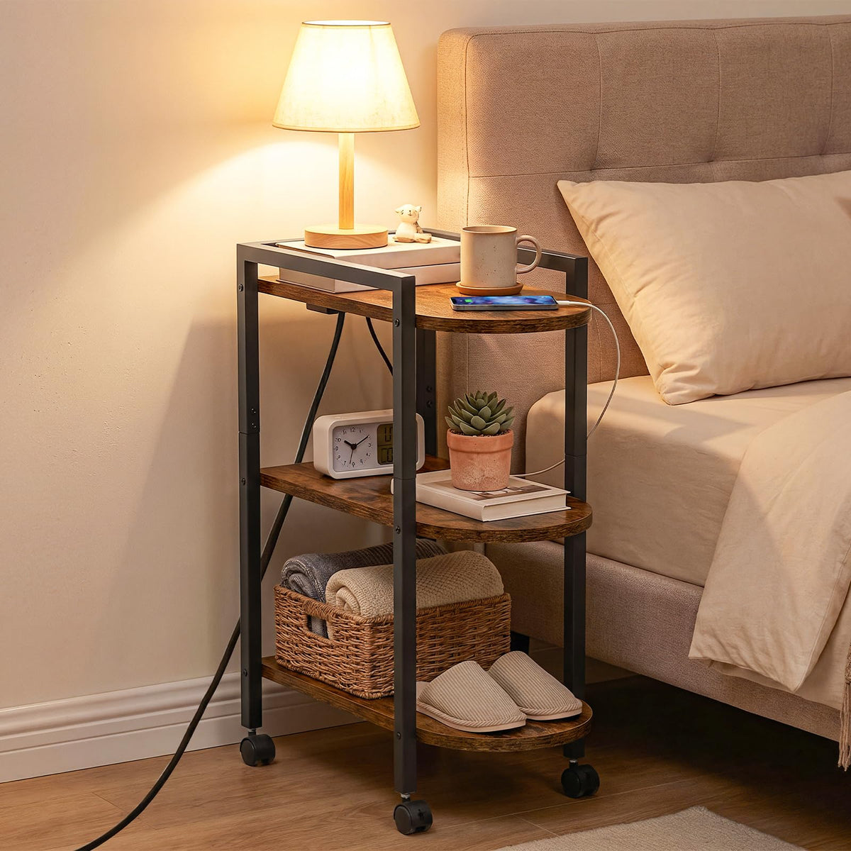 Rolling Narrow Side Table with Charging Station Q368