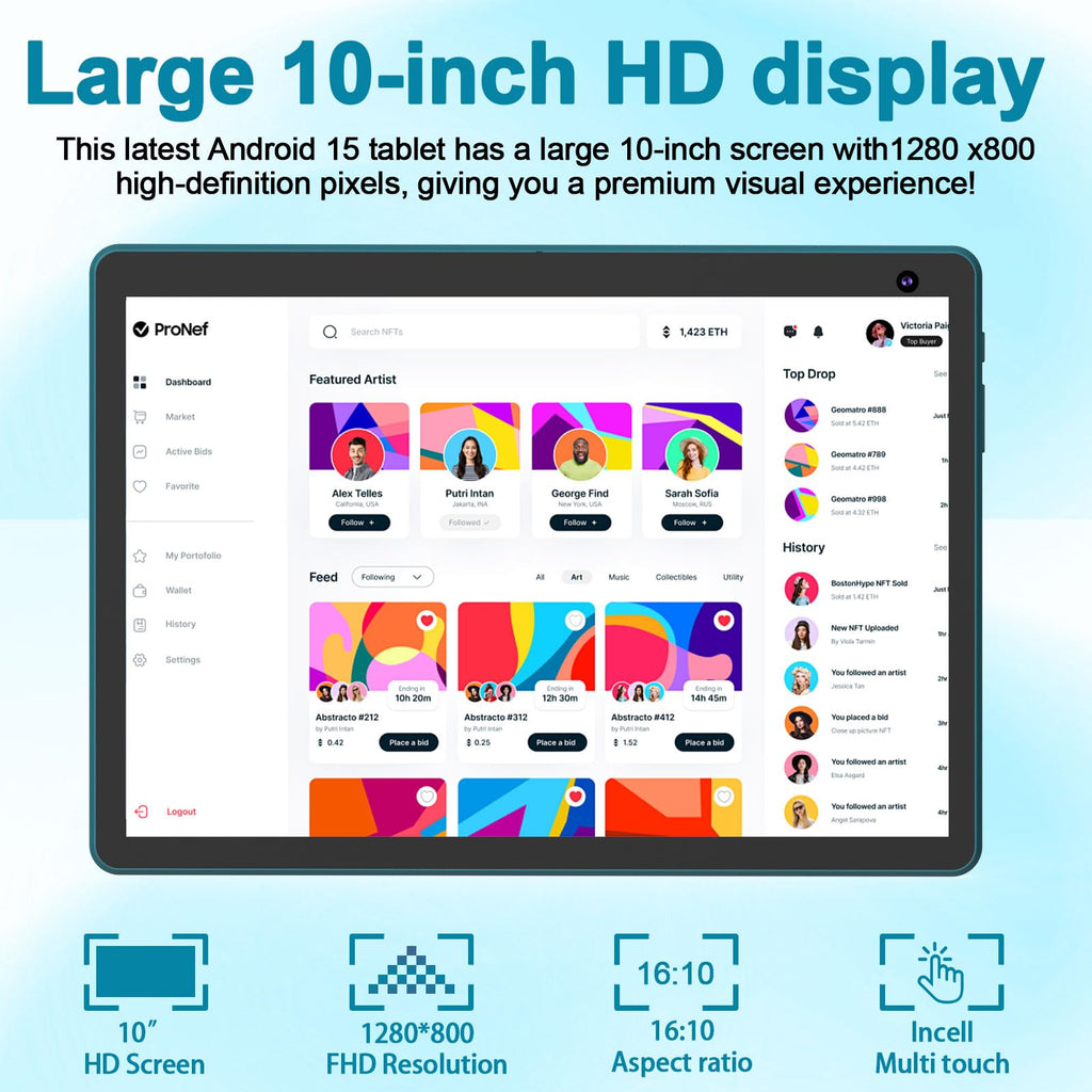 Android 15 Tablet 10 inch, 2 in 1 Tablet with Keyboard, 8GB RAM+32GB ROM, 1TB Expandable, Quad-Core, HD Screen, WiFi, Navy F575