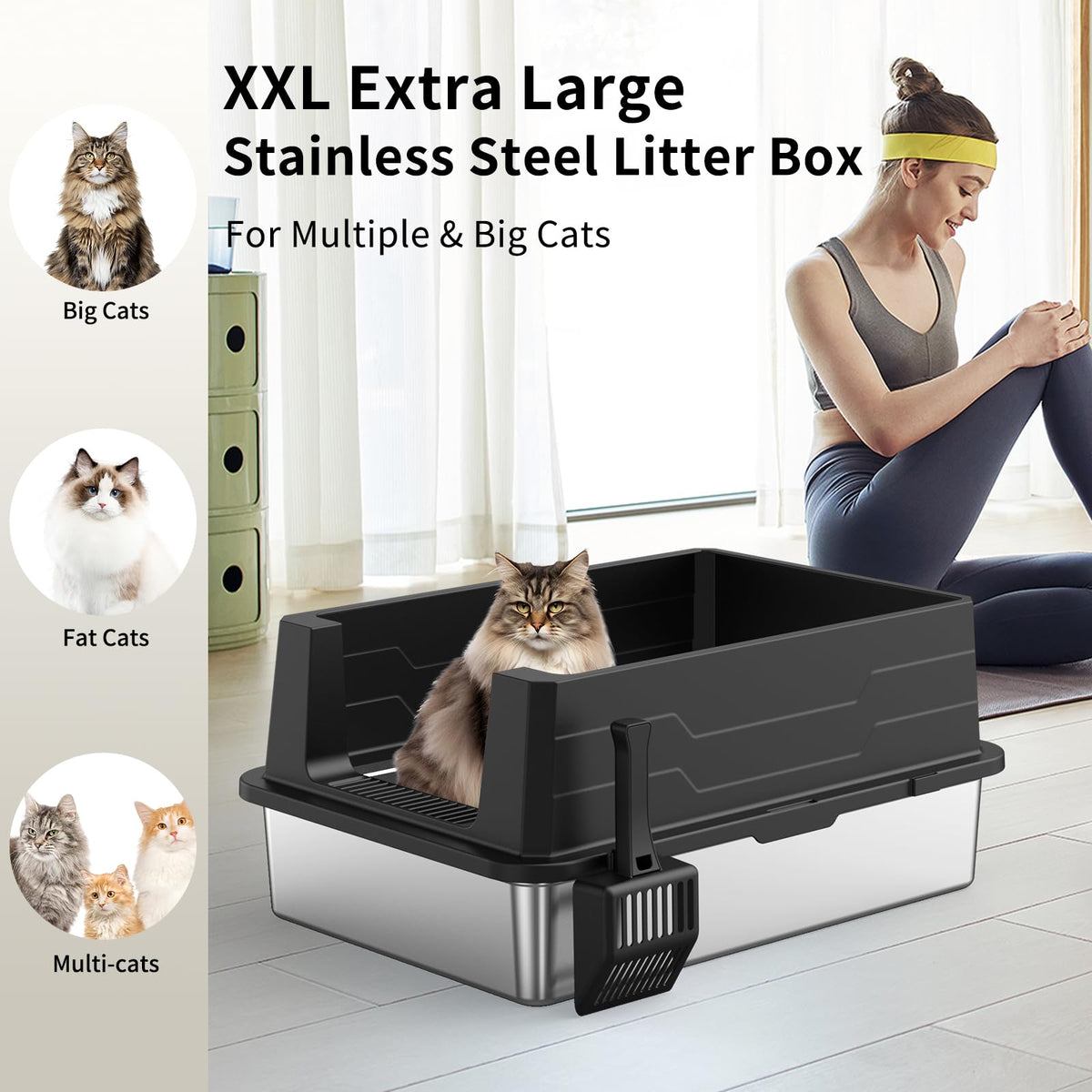 XXXL Stainless Steel Cat Litter Box with High Sides and Scoop Q22950