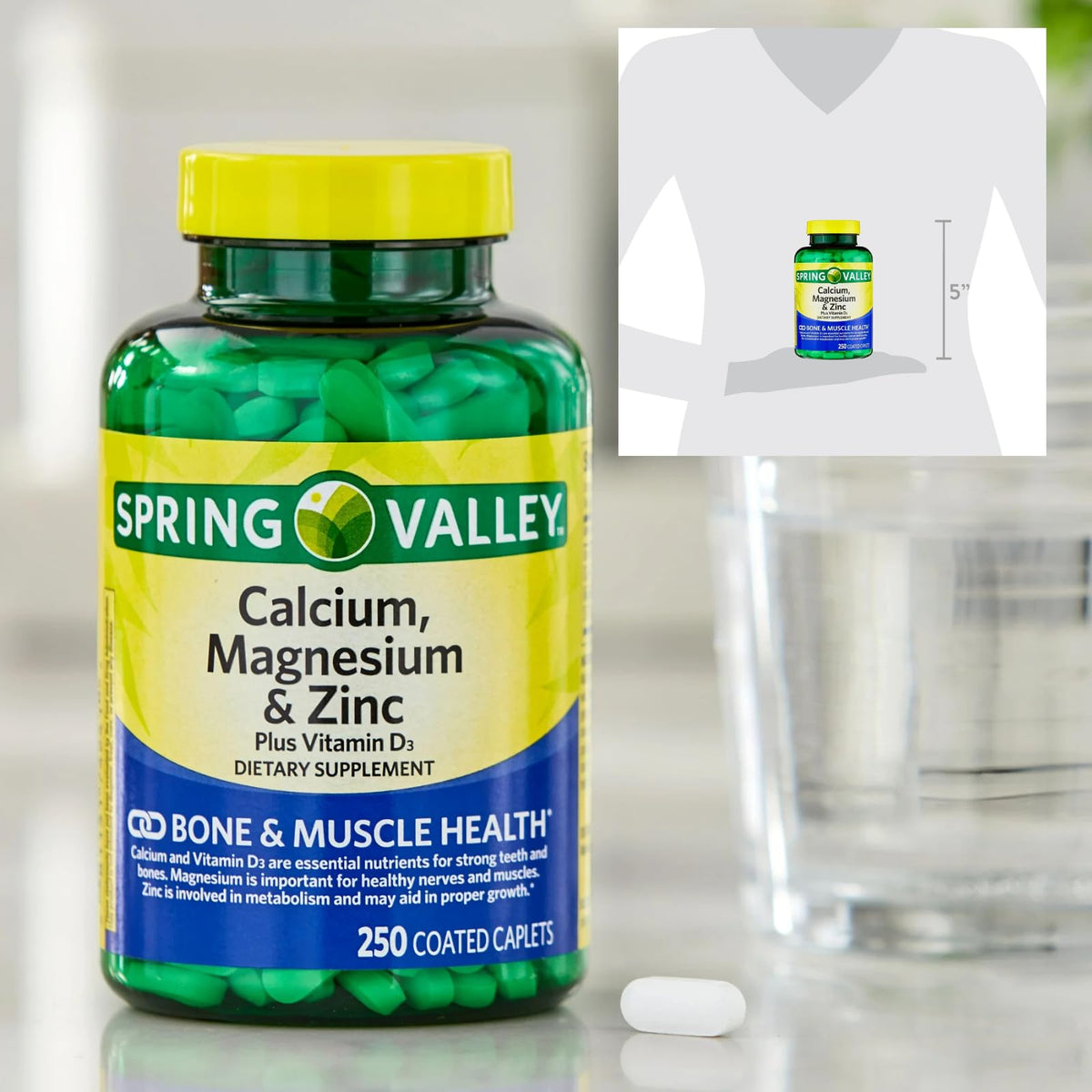 Calcium Magnesium Zinc Vitamin D3 Supplement 250 Caplets Gluten Free G94057