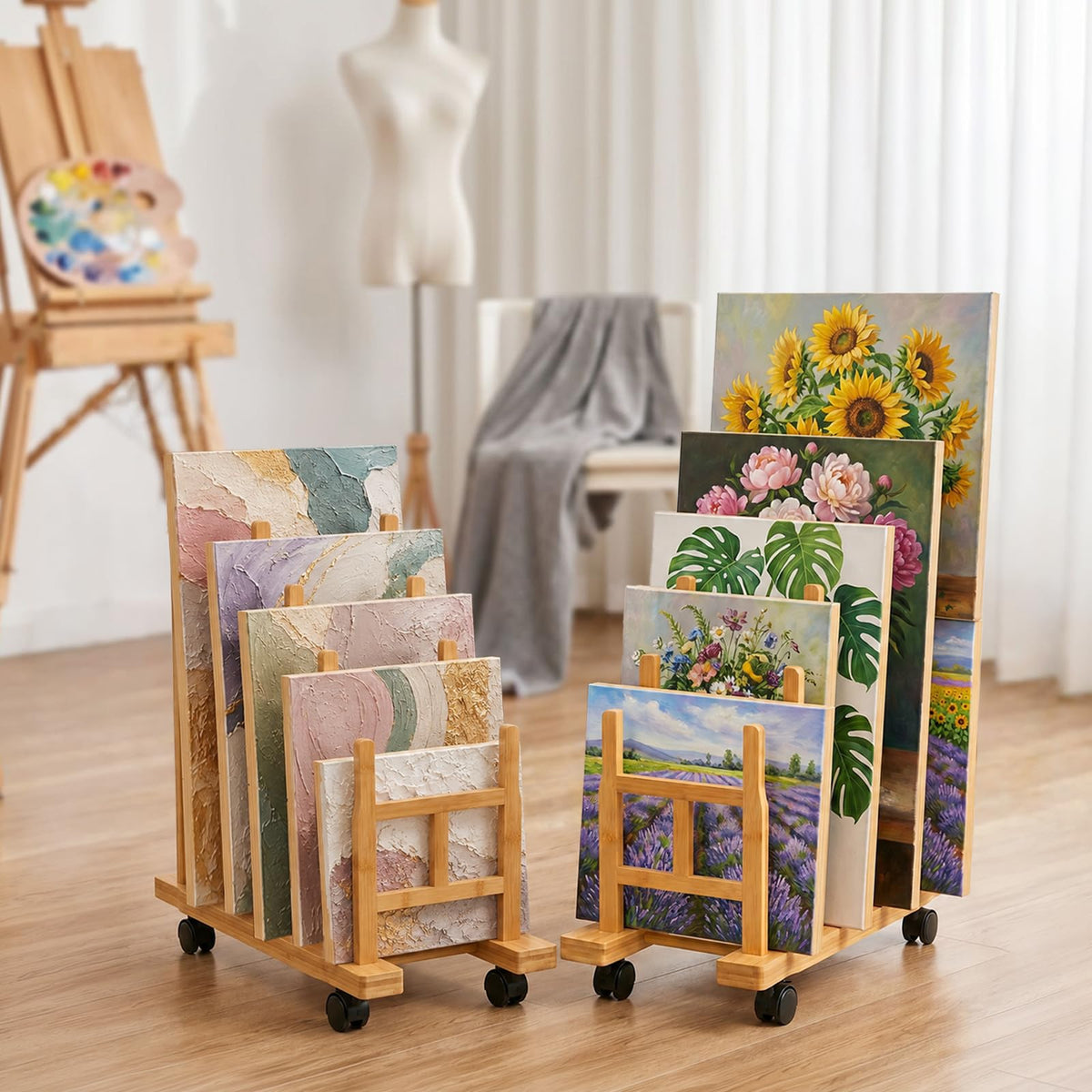 5 Slots Adjustable Bamboo Art Storage Drying Rack with Caster Wheel G4277