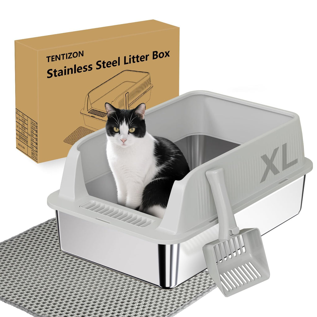 XL Stainless Steel Cat Litter Box with High Sides, Litter Mat, Scooper L8197