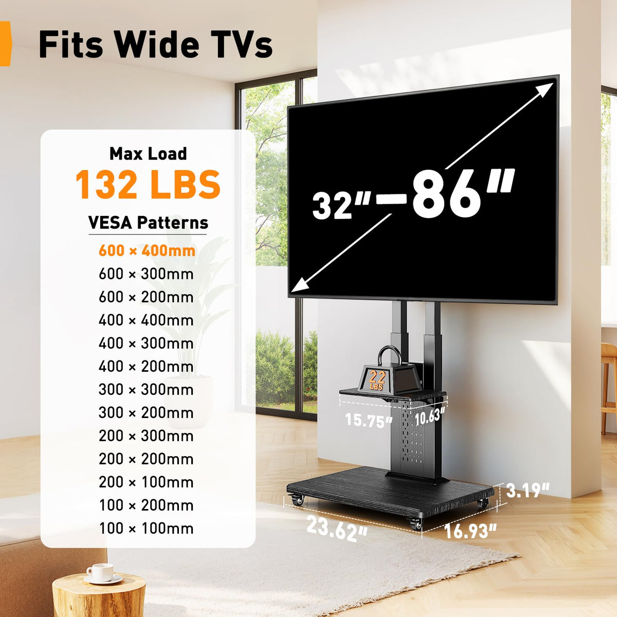 Rolling TV Stand with Pegboard for 32–86 inch TVs K112