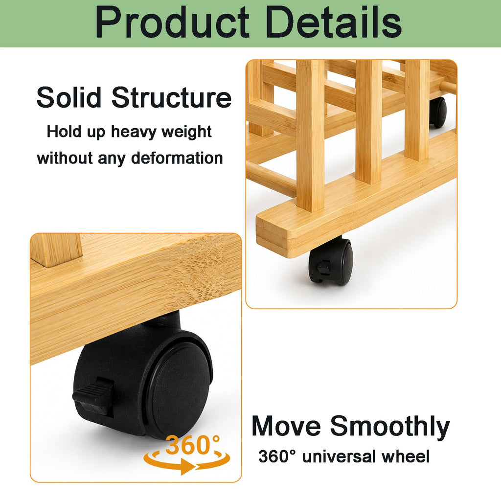 5 Slots Adjustable Bamboo Art Storage Drying Rack with Caster Wheel G4277
