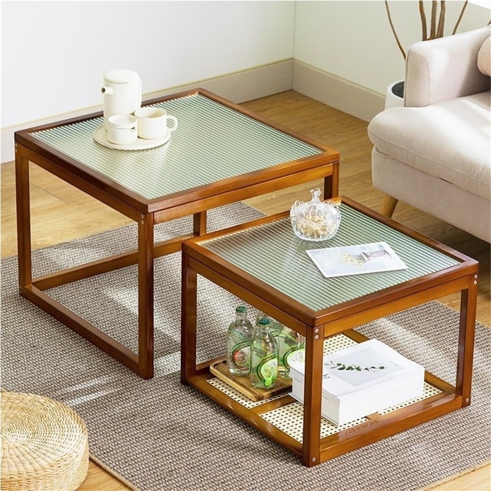 Set of 2 Square Glass Top Rattan Storage Coffee Table C892