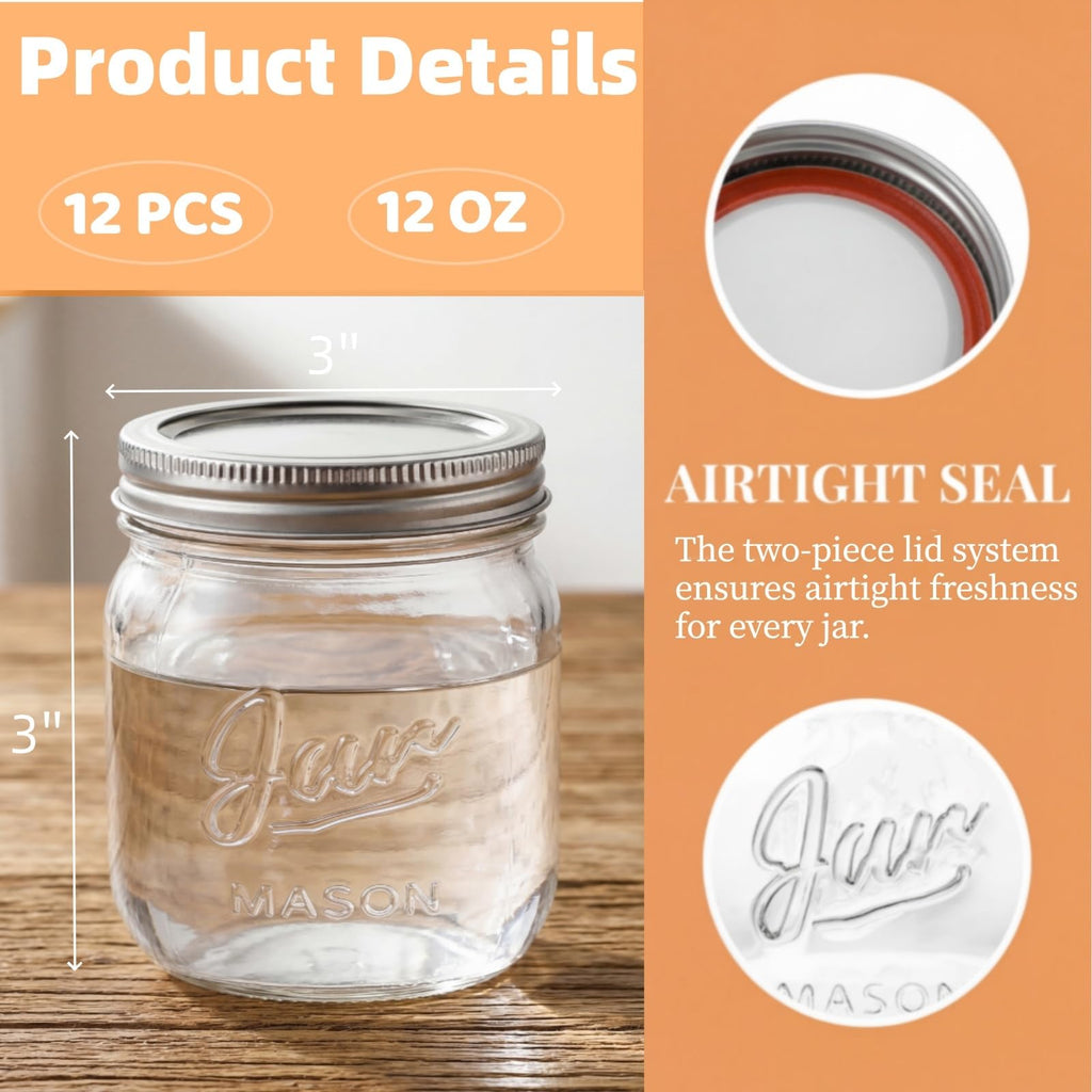 12 Pack 12 Oz Wide Mouth Airtight Glass Mason Jars K1244
