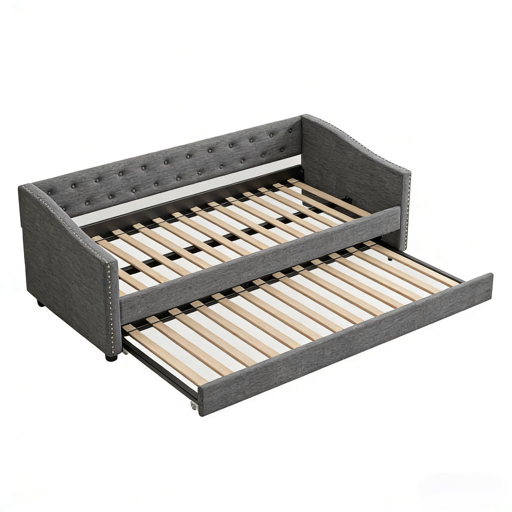 Twin Size Upholstered Daybed Frame with Trundle, Dark Grey S3014
