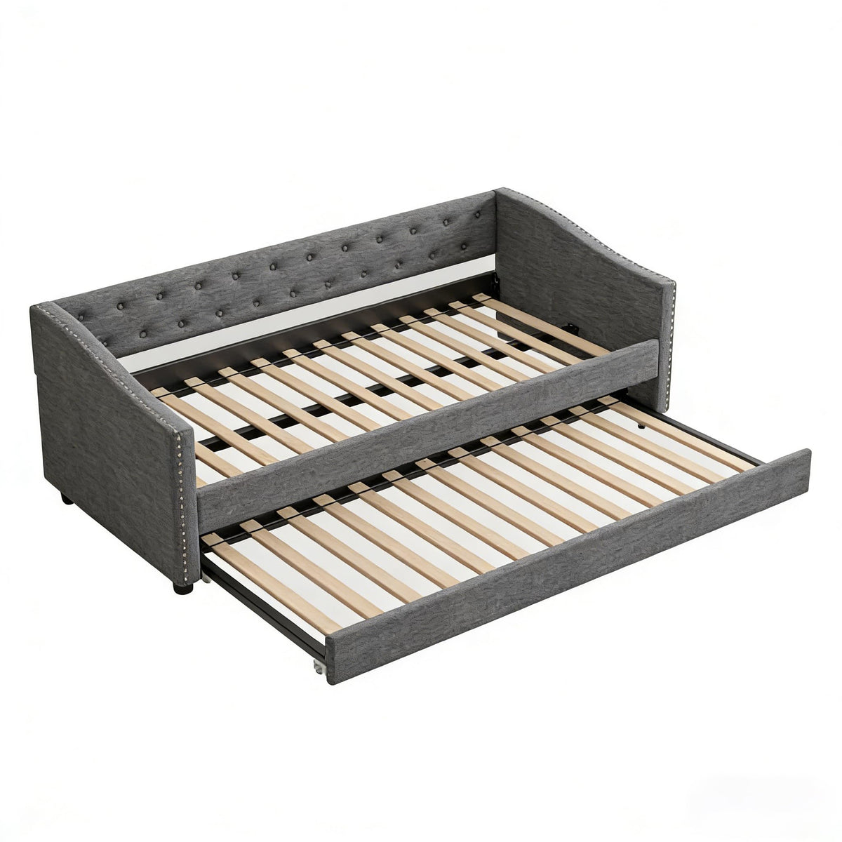 Twin Size Upholstered Daybed Frame with Trundle, Dark Grey S3014