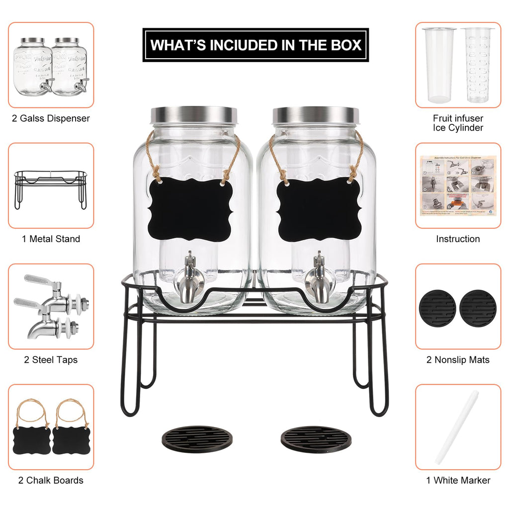 2 Pack 1 Gallon Glass Drink Dispenser with Stand G82256
