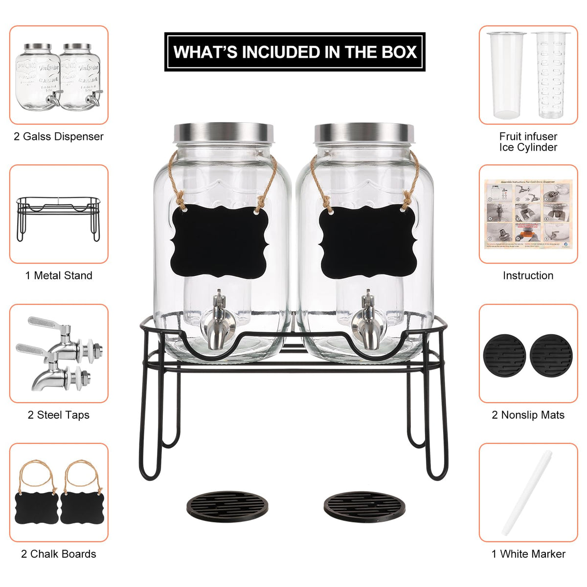 2 Pack 1 Gallon Glass Drink Dispenser with Stand G82256