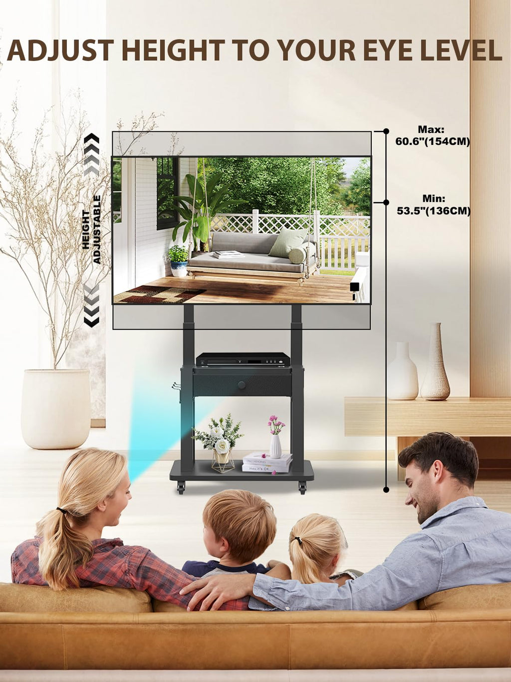 Rolling TV Stand with Fabric Drawer for 32-75 Inch Flat/Curved Screen Adjustable Height with Storage on Wheels Black D9645
