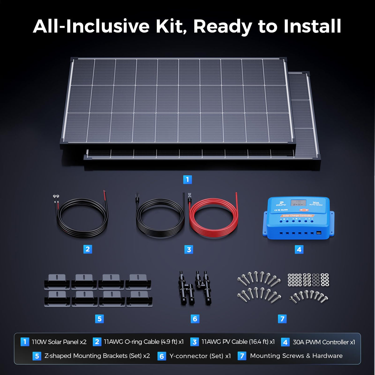 220 Watt Monocrystalline Solar Panel Kit with 30A PWM Charge Controller O84397