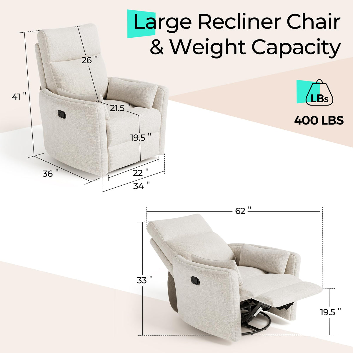 360 Swivel Chenille Recliner Chair with 2 Pillows M230