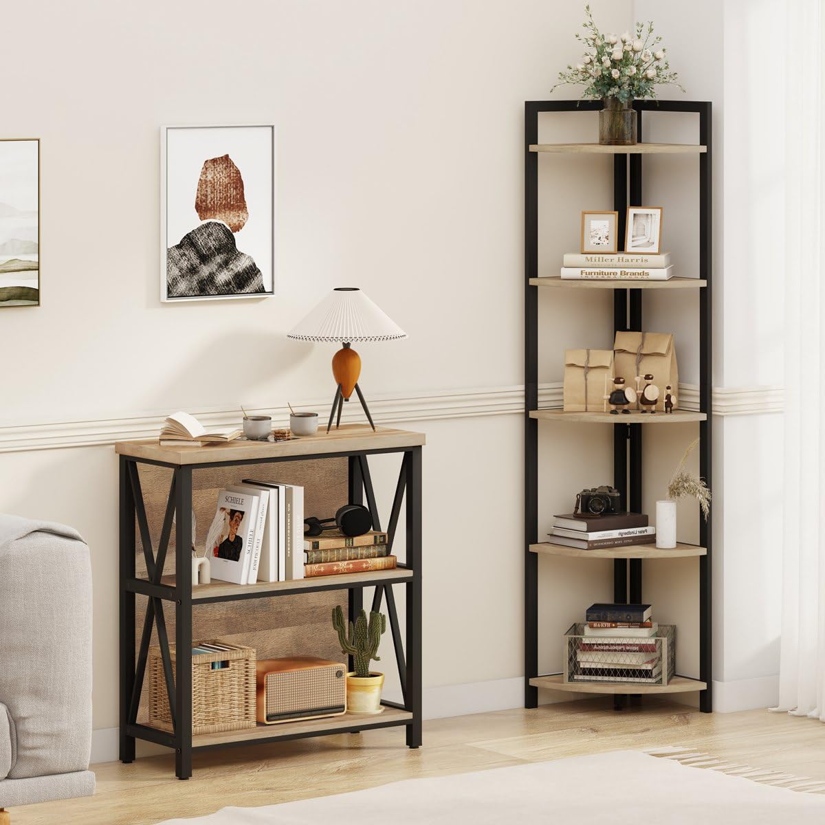 Tall Wood and Metal Corner Bookshelf B243