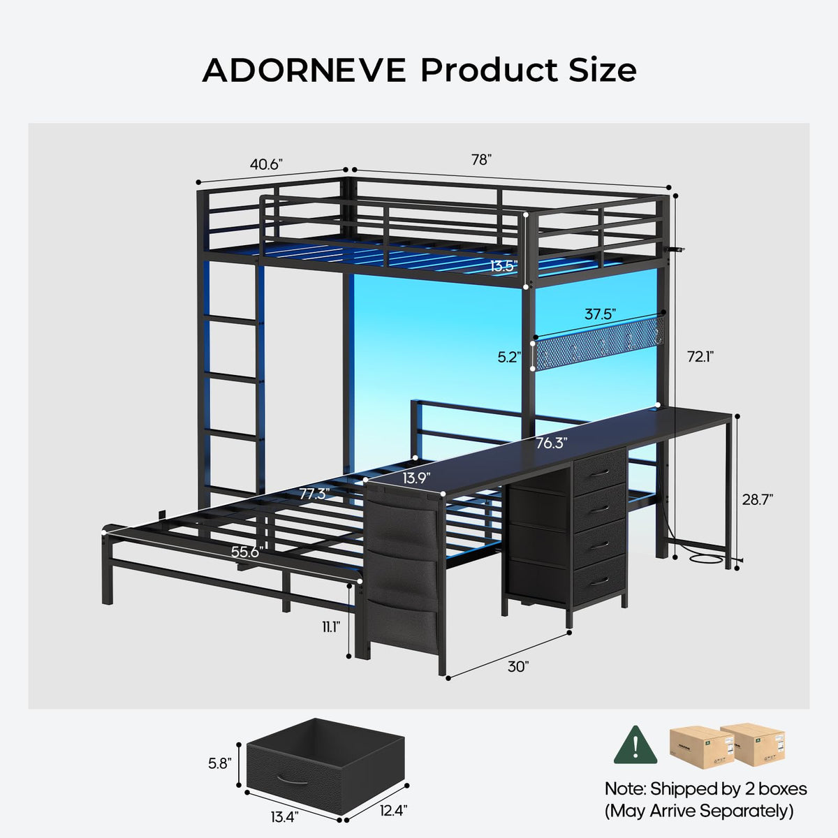 Black Twin Over Full Bunk Bed with Desk and Storage Drawers D83141