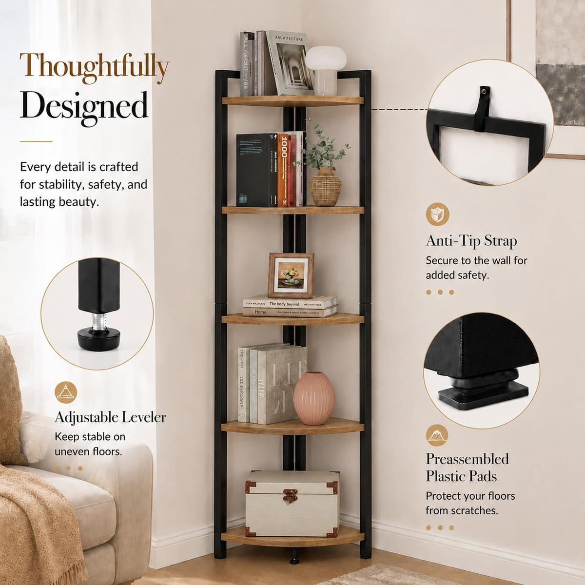 Tall Wood and Metal Corner Bookshelf B243