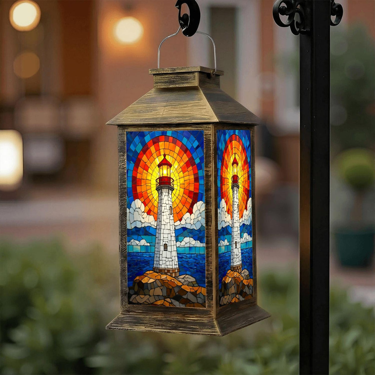 Solar Lantern Outdoor Waterproof Stained Glass LED Hanging Solar Lights N6331