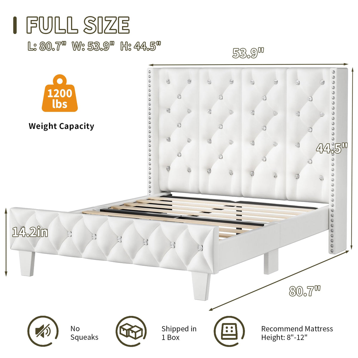 White Upholstered Full Size Bed Frame with Headboard A6348