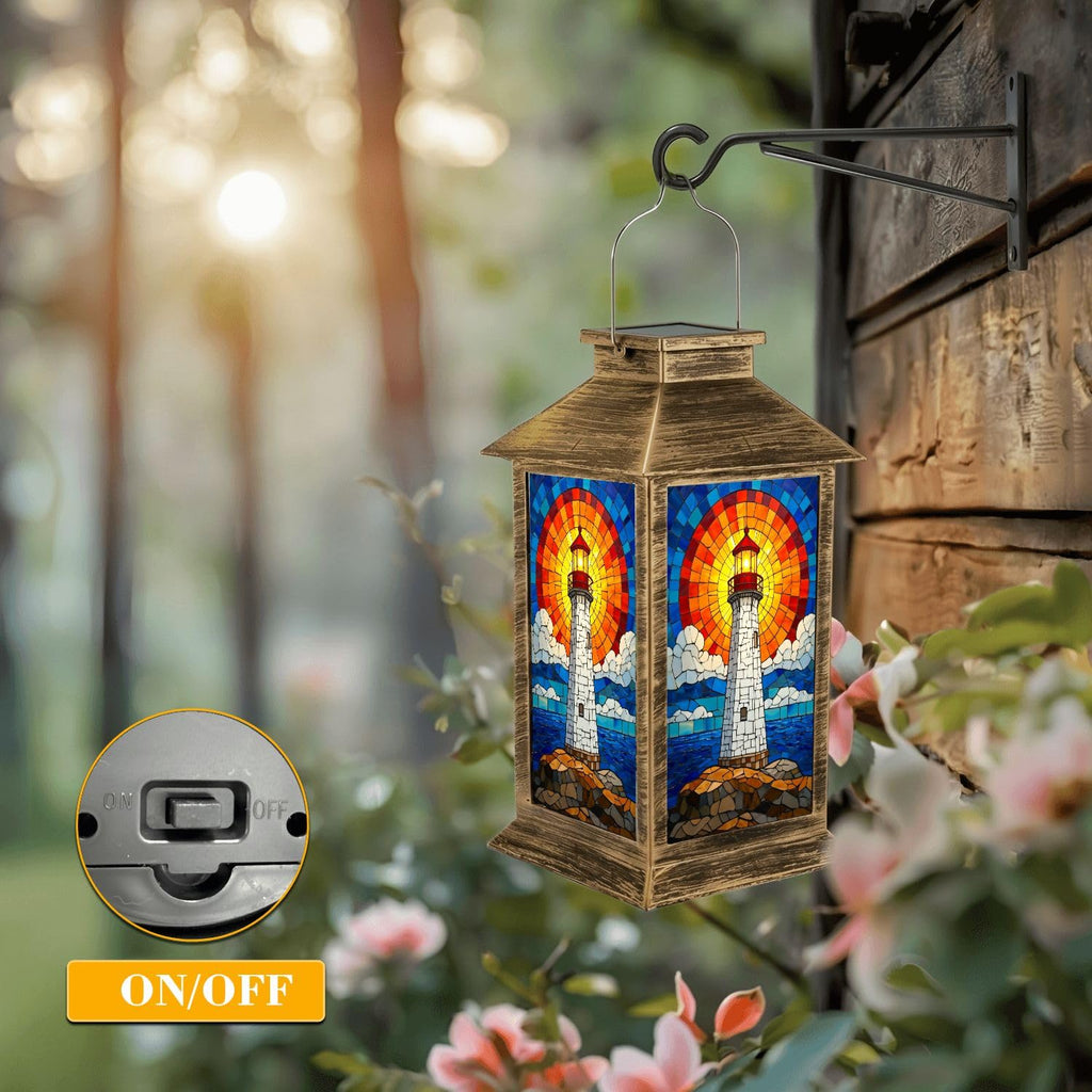 Solar Lantern Outdoor Waterproof Stained Glass LED Hanging Solar Lights N6331