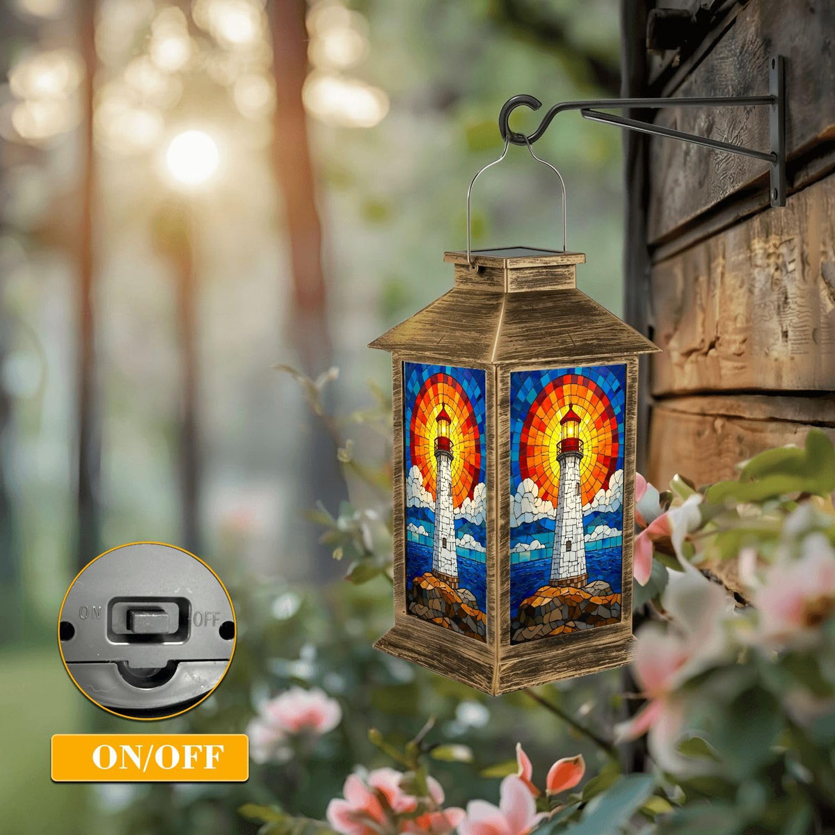 Solar Lantern Outdoor Waterproof Stained Glass LED Hanging Solar Lights N6331
