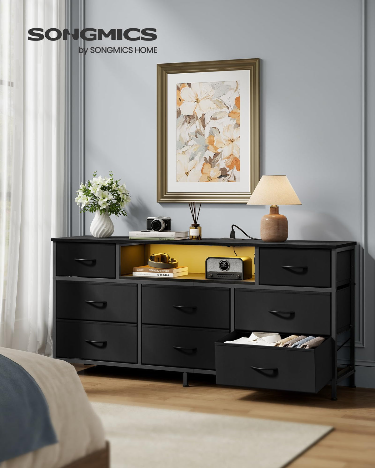 8 Fabric Drawers Dresser with Outlets & LED Lights E648