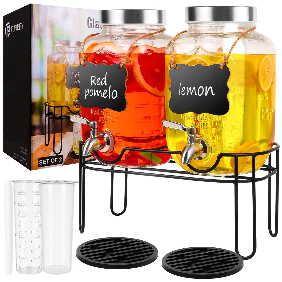 2 Pack 1 Gallon Glass Drink Dispenser with Stand G82256
