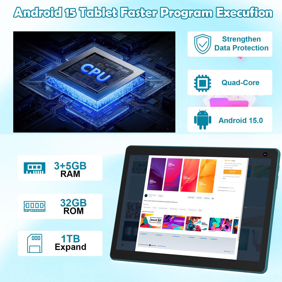 Android 15 Tablet 10 inch, 2 in 1 Tablet with Keyboard, 8GB RAM+32GB ROM, 1TB Expandable, Quad-Core, HD Screen, WiFi, Navy F575