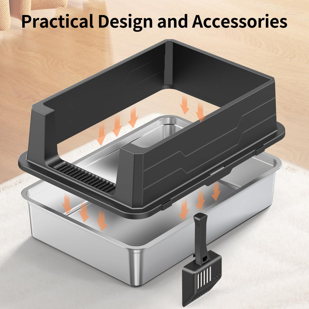XXXL Stainless Steel Cat Litter Box with High Sides and Scoop Q22950