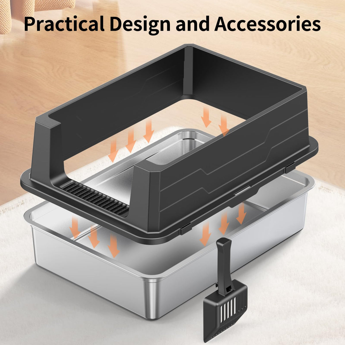 XXXL Stainless Steel Cat Litter Box with High Sides and Scoop Q22950
