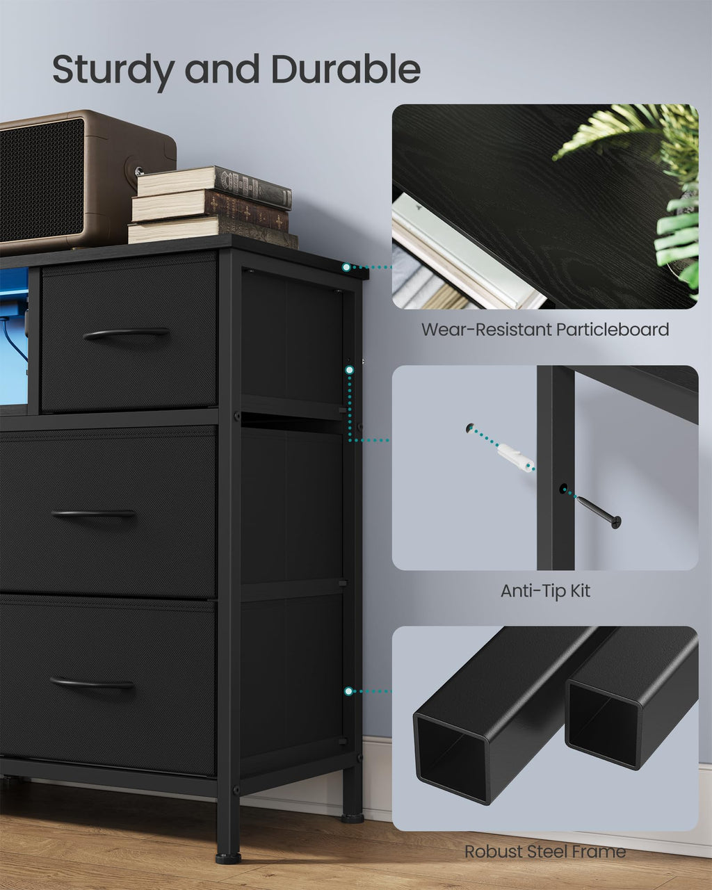 8 Fabric Drawers Dresser with Outlets & LED Lights E648